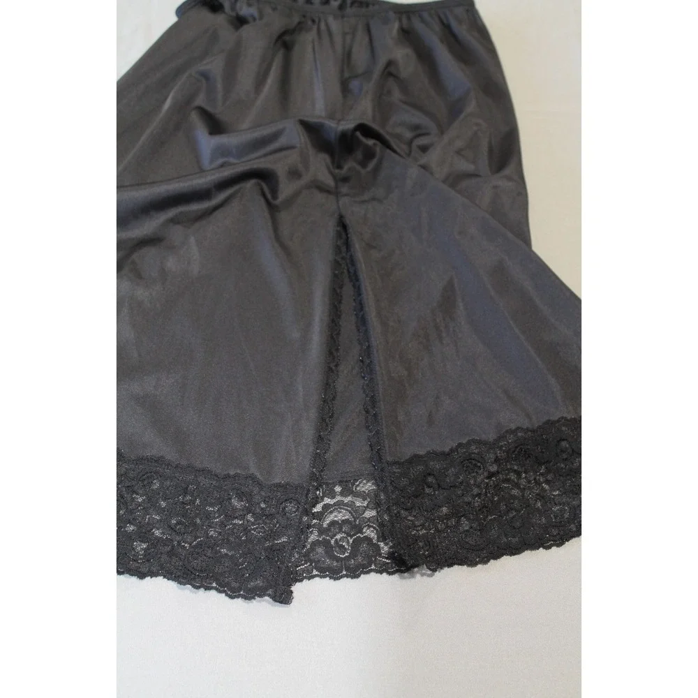 Vintage Sears Medium Black Half Slip Lace Detail Elastic Waist Side Slit 80s 90s